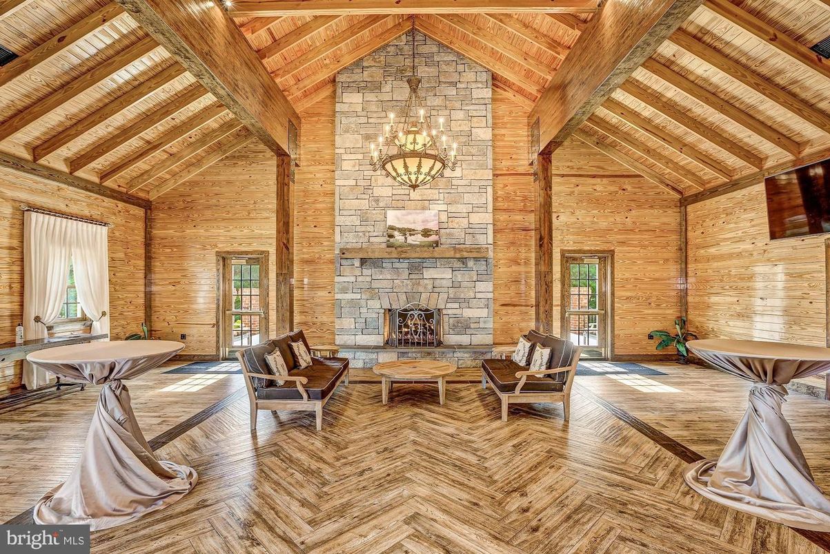 Fireplace, Interior, Living room, Pendant Lights, Stone Walls, Wooden Beams, Wooden Ceilings, Wood Texture Flooring, Wooden Walls