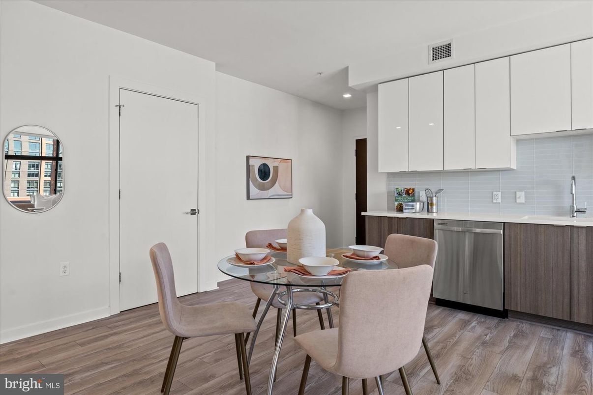Dining room, Interior, Kitchen, Recessed Lighting, Wood Texture Flooring