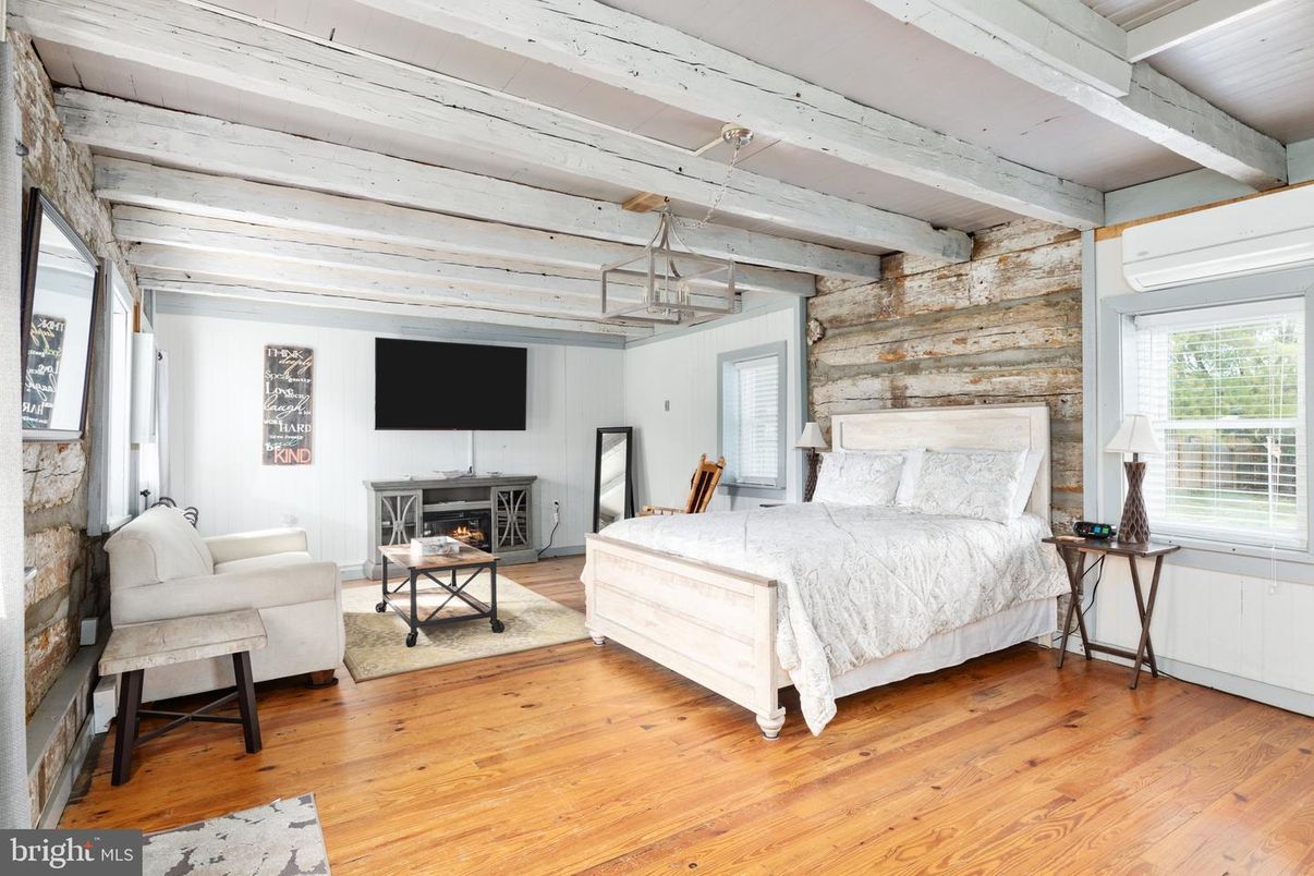 Bedroom, Fireplace, Interior, Pendant Lights, Wood Texture Flooring, Wooden Walls