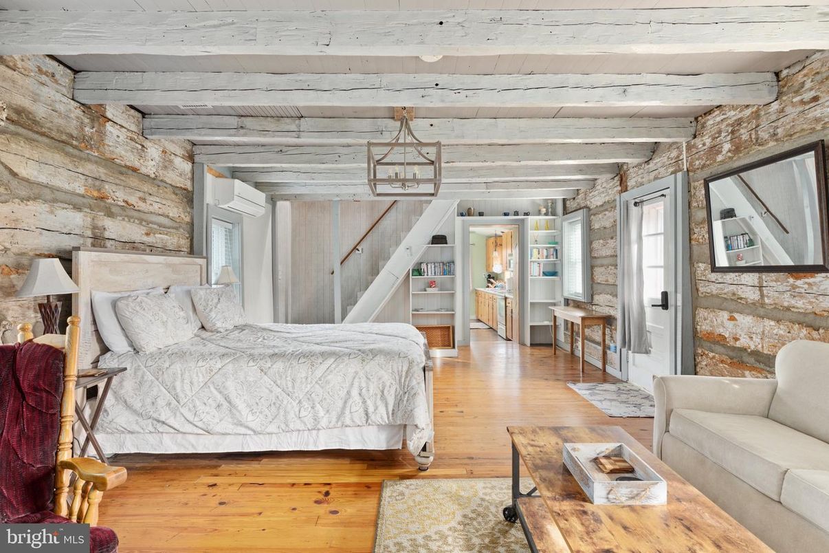 Bedroom, Interior, Pendant Lights, Stone Walls, Wood Texture Flooring, Wooden Walls