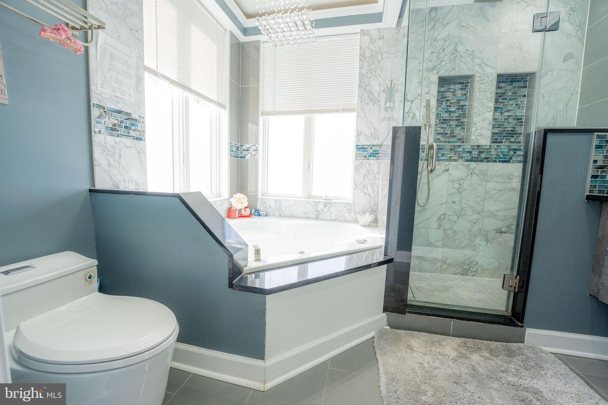 Bathroom, Glass Shower, Interior, Marble Walls, Pendant Lights