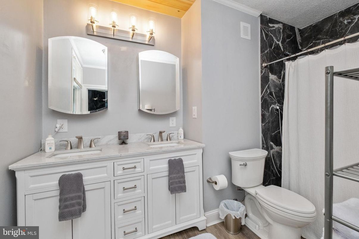 Bathroom, Interior, Marble Walls, Wood Texture Flooring