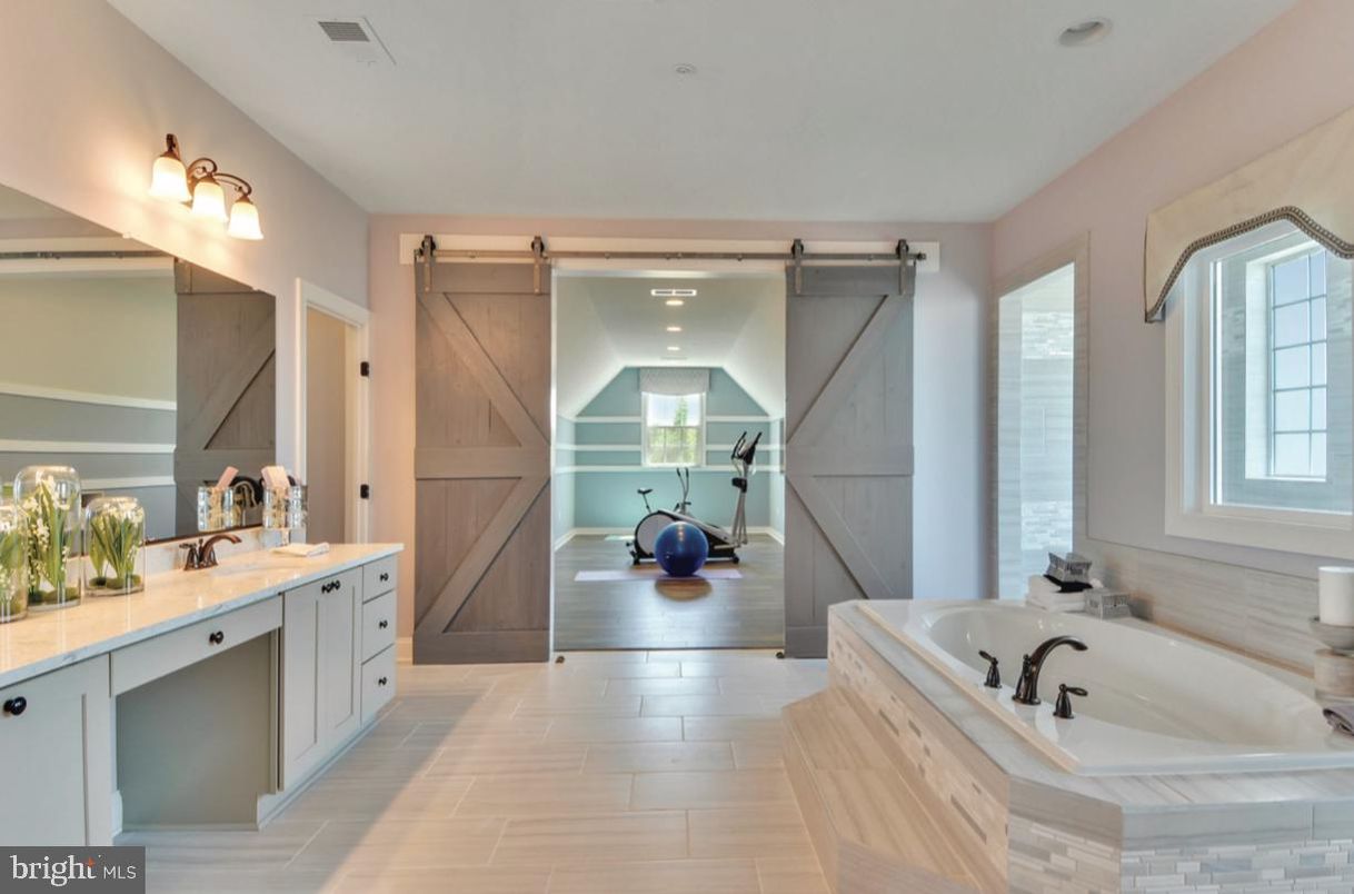 Bathroom, Fitness Equipment, Interior, Recessed Lighting, Wood Texture Flooring