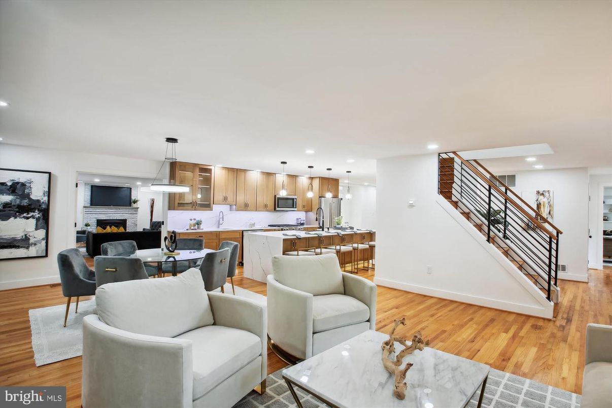Dining room, Fireplace, Interior, Kitchen, Living room, Pendant Lights, Recessed Lighting, Wood Texture Flooring