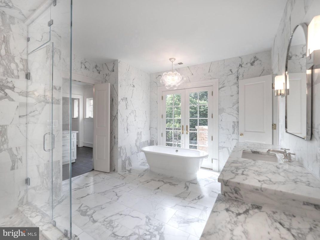 Bathroom, Chandelier, Free Standing Baths, Glass Shower, Interior, Marble, Marble Walls