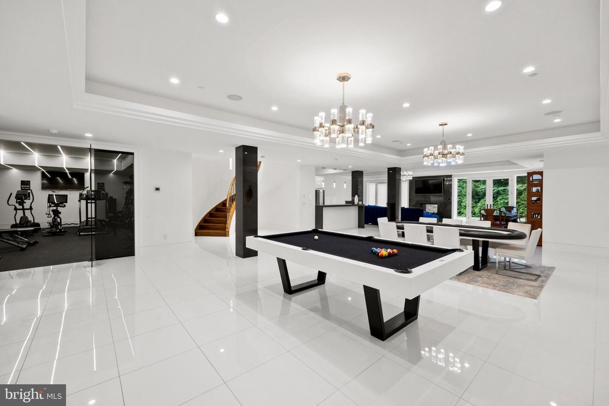 Billiard Table, Chandelier, Fitness Equipment, Game Room, Interior, Pendant Lights, Recessed Lighting