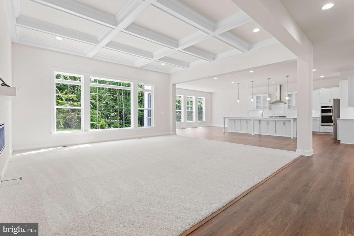 Empty room, Interior, Kitchen, Pendant Lights, Recessed Lighting, Stainless Steel Appliances, Wood Texture Flooring