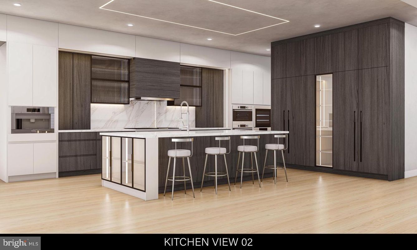 Interior, Kitchen, Marble Walls, Pendant Lights, Recessed Lighting, Stainless Steel Appliances, Wood Texture Flooring