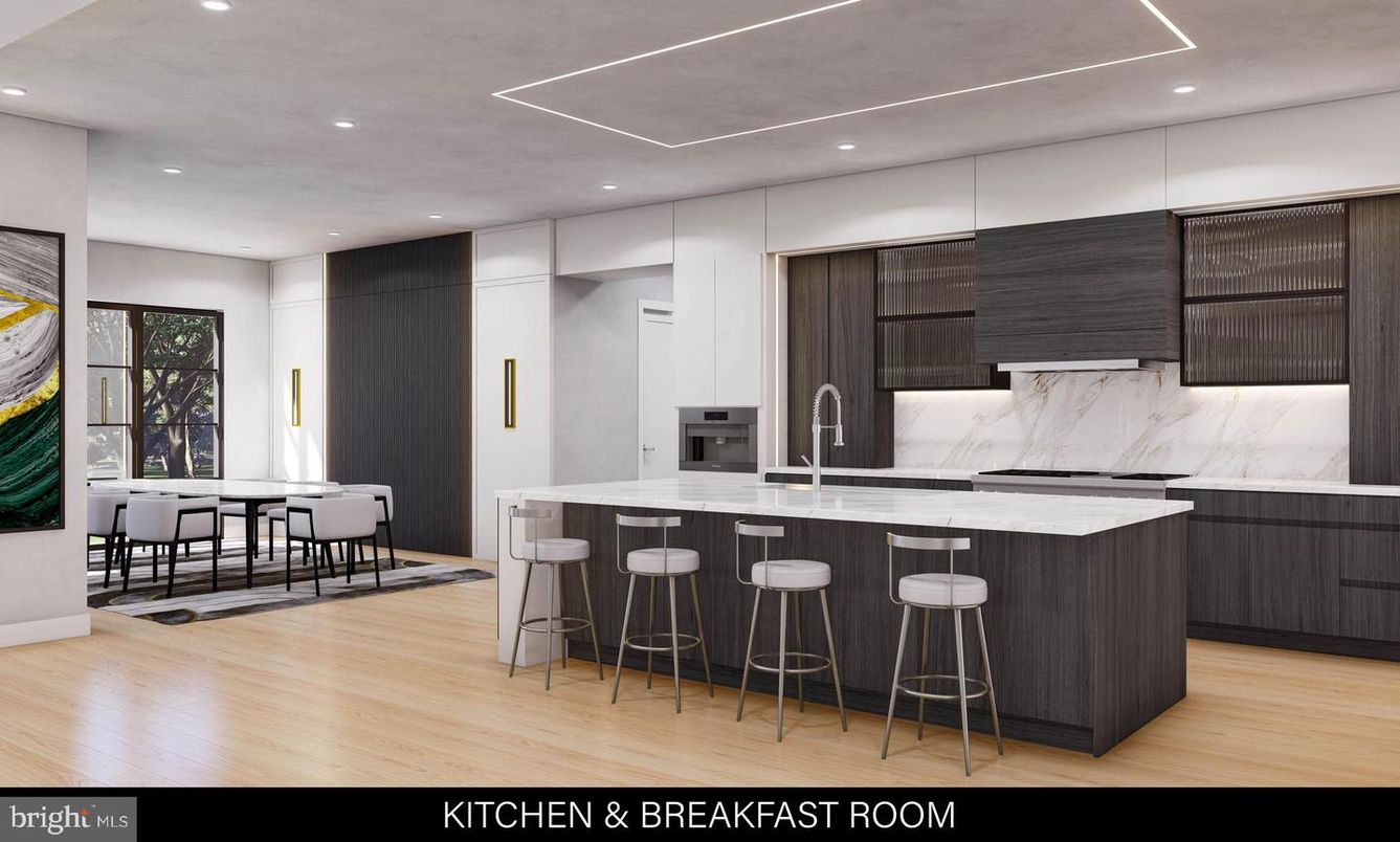 Interior, Kitchen, Marble Walls, Pendant Lights, Recessed Lighting, Wood Texture Flooring