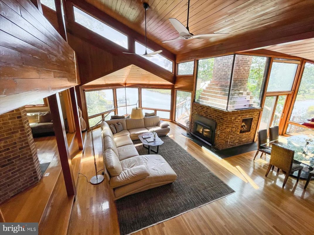 Dining room, Fireplace, Interior, Living room, Stone Walls, Wooden Ceilings, Wood Texture Flooring