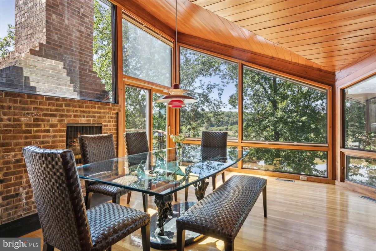 Dining room, Fireplace, Interior, Pendant Lights, Stone Walls, Wooden Ceilings, Wood Texture Flooring