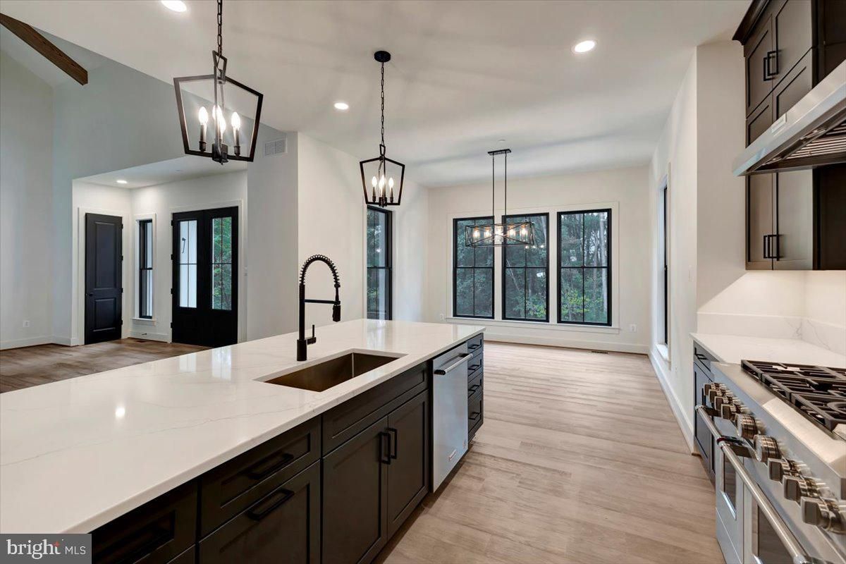 Interior, Kitchen, Pendant Lights, Recessed Lighting, Stainless Steel Appliances, Wood Texture Flooring