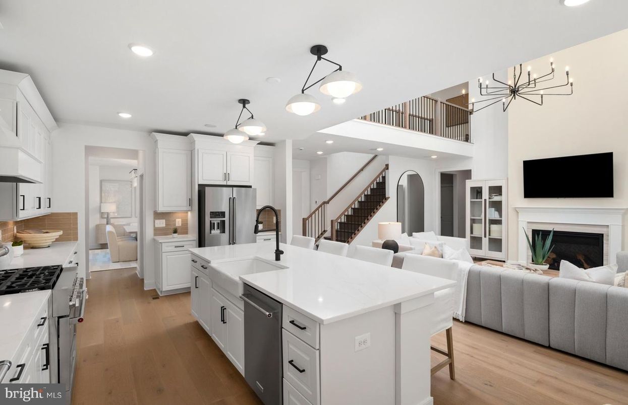 Fireplace, Interior, Kitchen, Living room, Pendant Lights, Recessed Lighting, Stainless Steel Appliances, Wood Texture Flooring