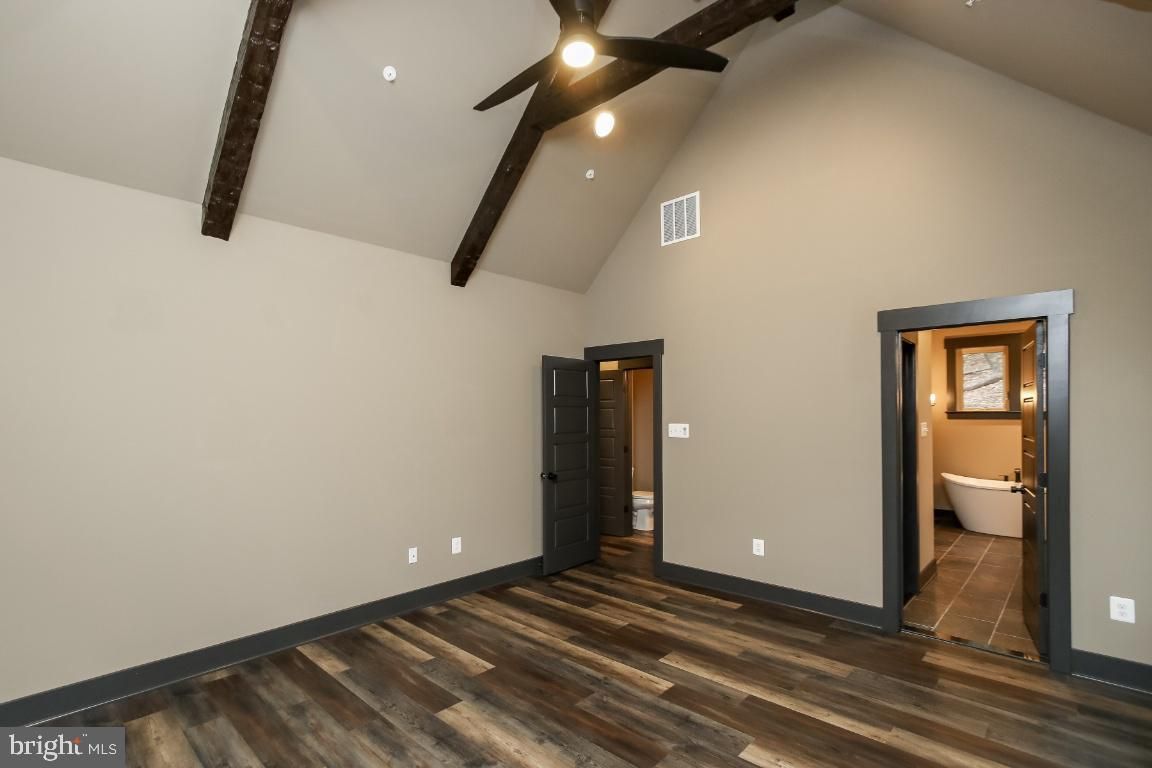 Bathroom, Empty room, Interior, Recessed Lighting, Wooden Beams, Wood Texture Flooring