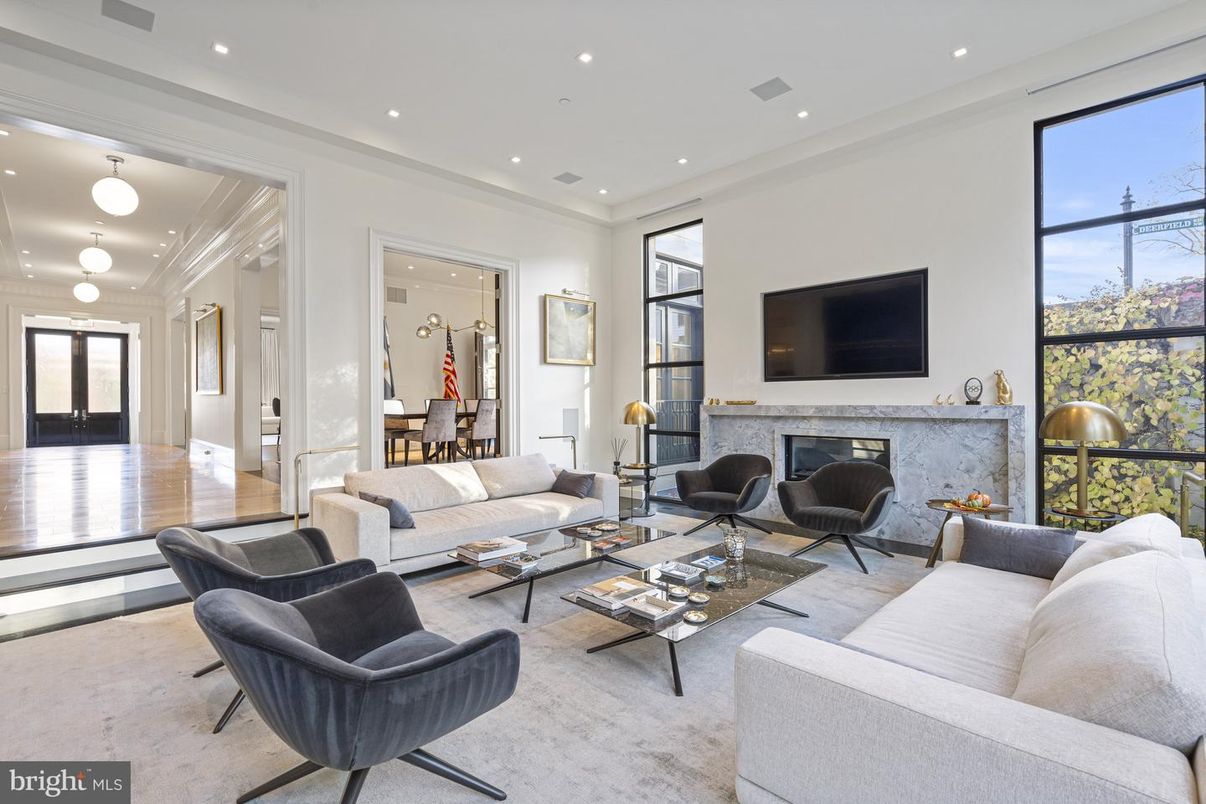 Dining room, Fireplace, Interior, Living room, Pendant Lights, Recessed Lighting, Wood Texture Flooring