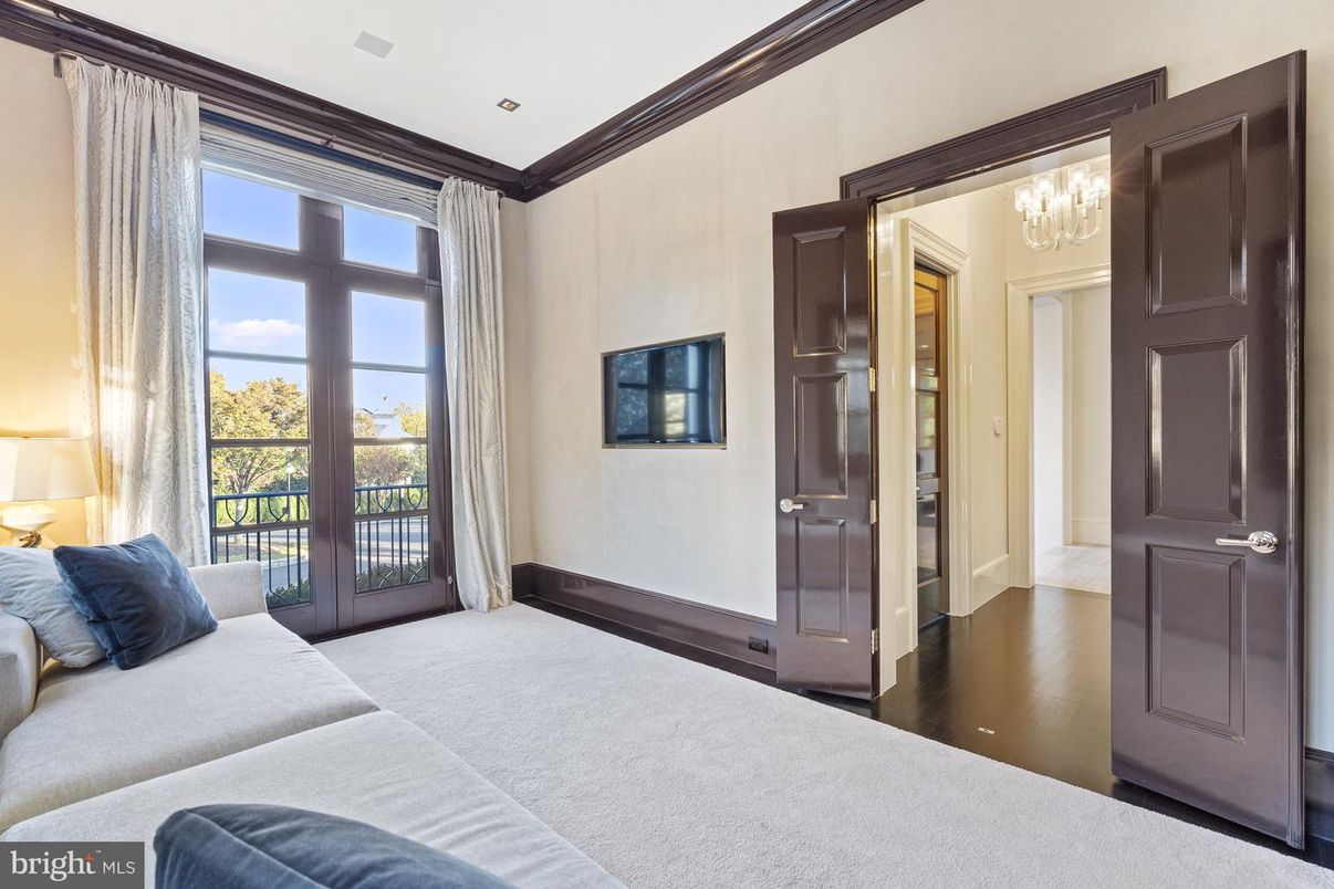 Bedroom, Chandelier, Interior, Recessed Lighting, Wood Texture Flooring