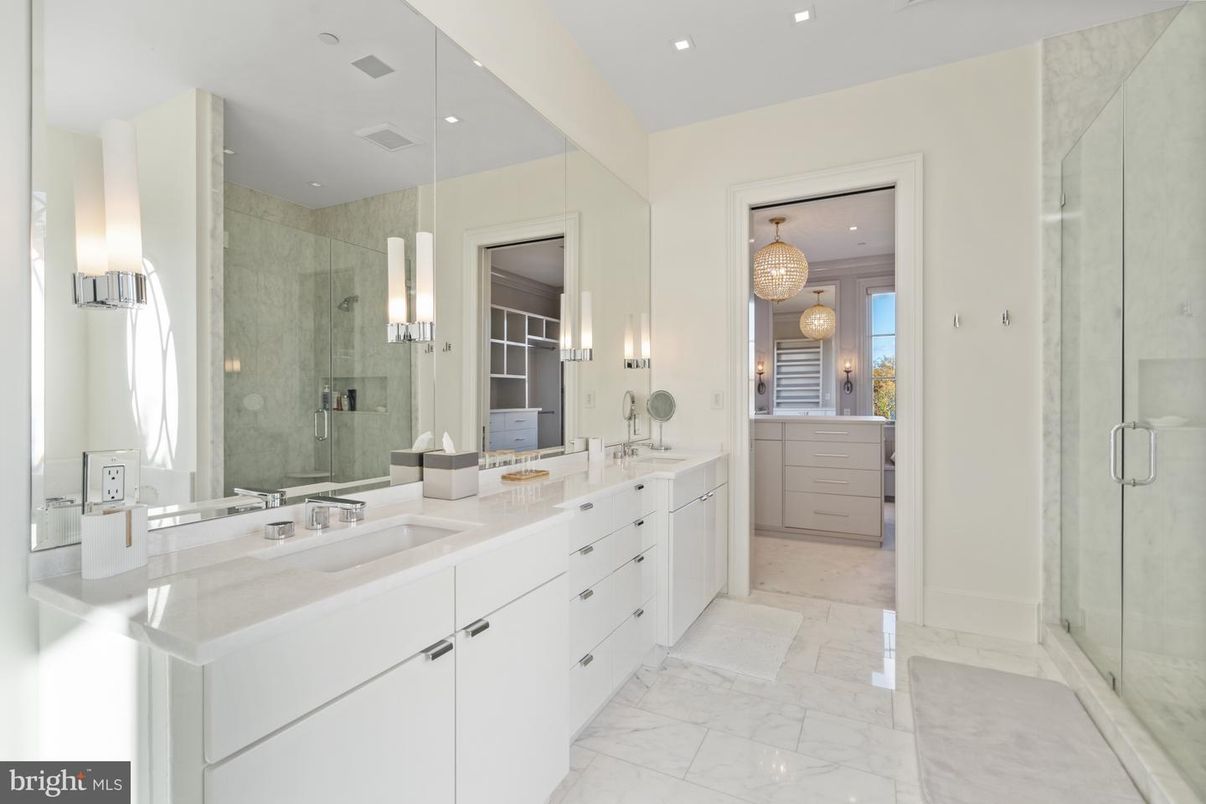 Bathroom, Dual Sink Vanities, Glass Shower, Interior, Marble, Recessed Lighting