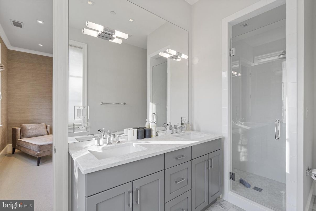 Bathroom, Dual Sink Vanities, Glass Shower, Interior, Recessed Lighting