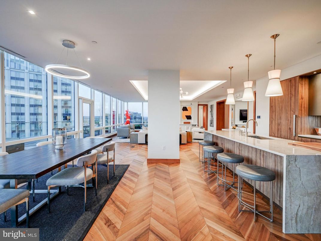 Dining room, Interior, Pendant Lights, Recessed Lighting, Wood Texture Flooring