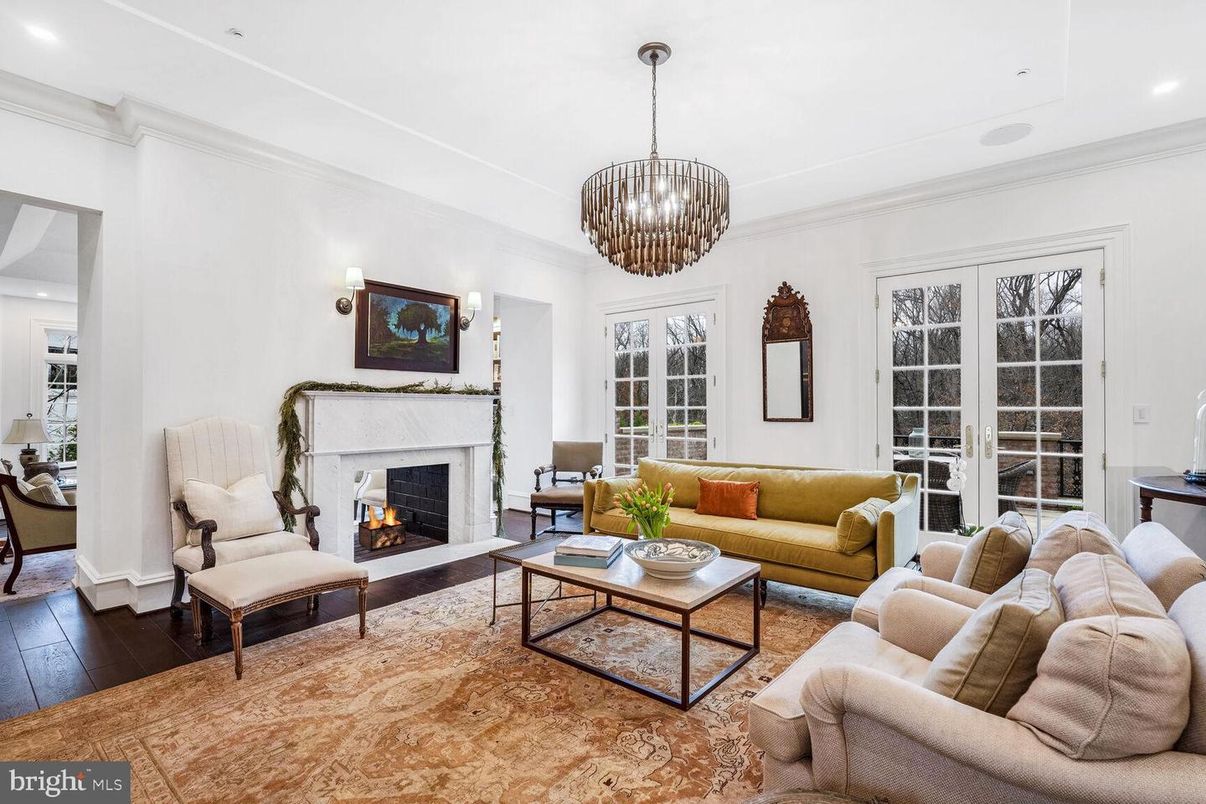 Chandelier, Fireplace, Interior, Living room, Recessed Lighting, Wood Texture Flooring