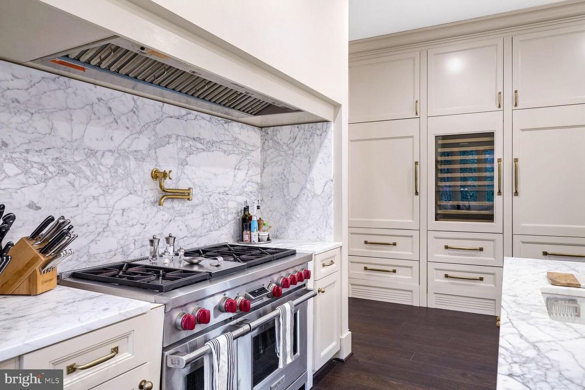 Interior, Kitchen, Marble Walls, Stainless Steel Appliances, Wood Texture Flooring