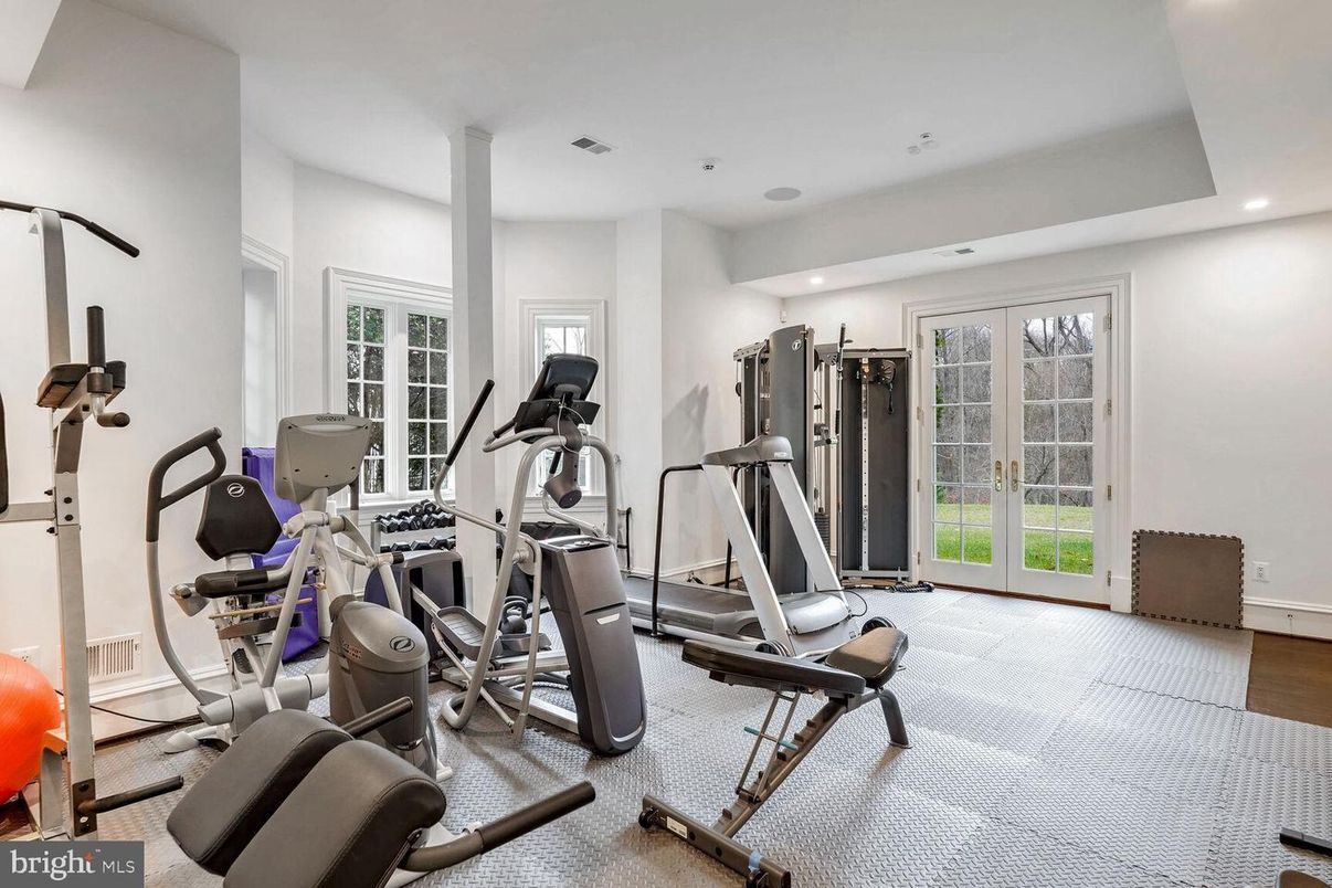 Fitness Equipment, Gym, Interior, Recessed Lighting, Wood Texture Flooring