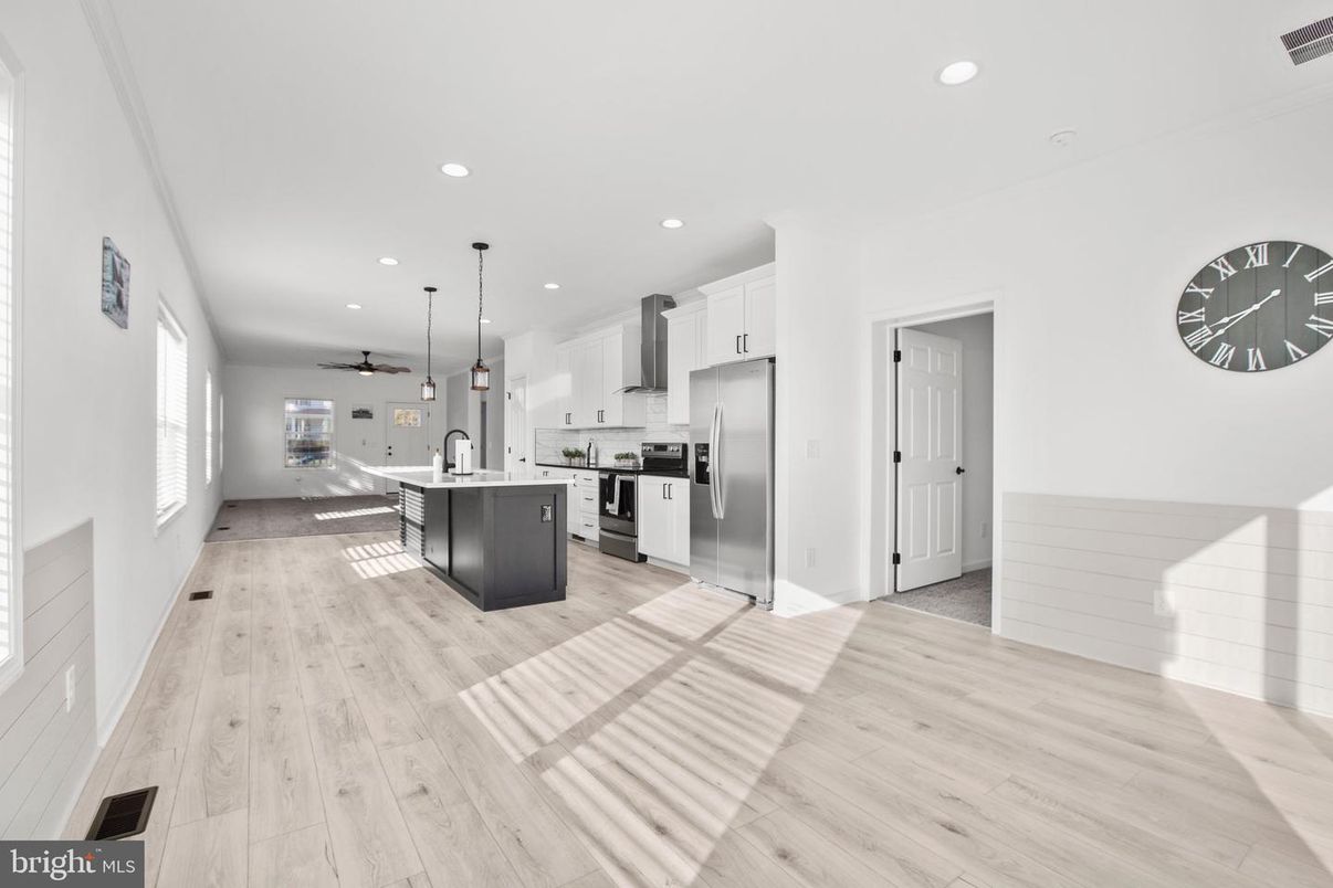 Interior, Kitchen, Pendant Lights, Recessed Lighting, Stainless Steel Appliances, Wood Texture Flooring