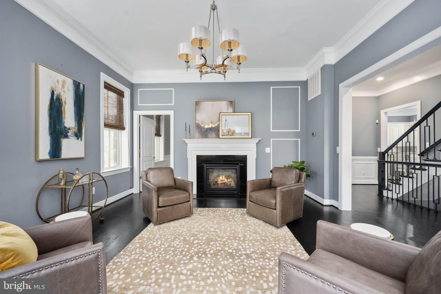 Chandelier, Fireplace, Interior, Living room, Recessed Lighting, Wood Texture Flooring