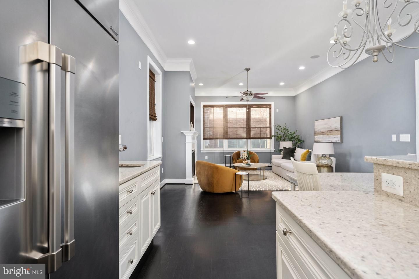 Chandelier, Interior, Kitchen, Living room, Recessed Lighting, Stainless Steel Appliances, Wood Texture Flooring