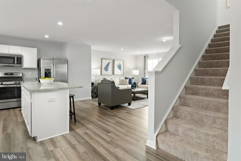 Interior, Kitchen, Living room, Recessed Lighting, Stainless Steel Appliances, Wood Texture Flooring