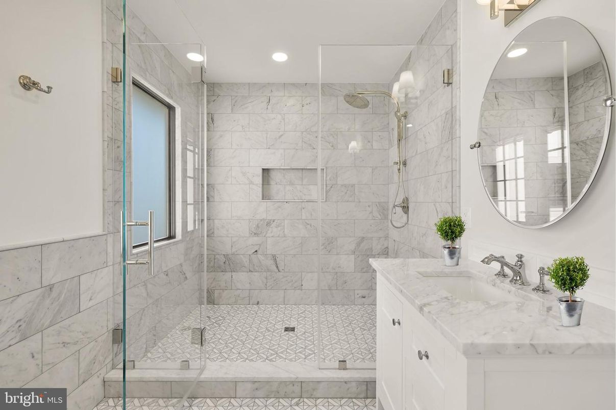 Bathroom, Glass Shower, Interior, Marble Walls, Recessed Lighting