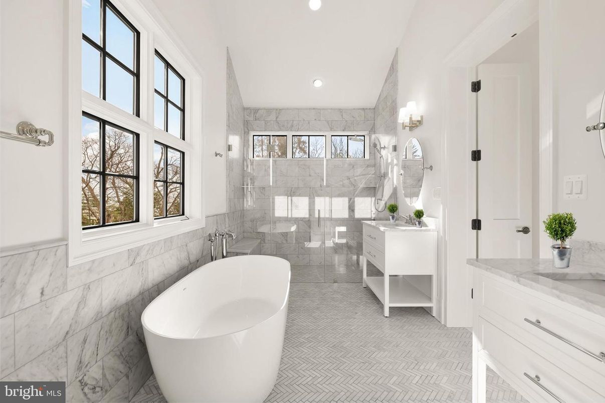 Bathroom, Free Standing Baths, Glass Shower, Interior, Marble Walls, Recessed Lighting