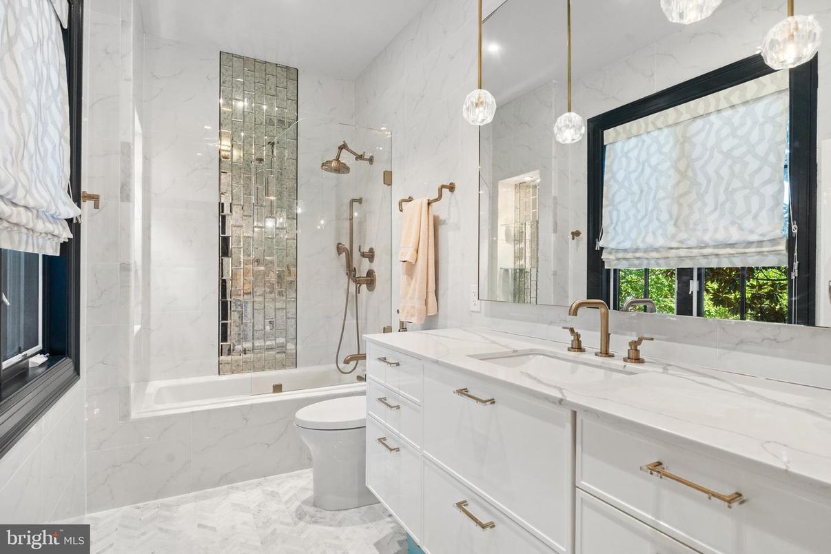 Bathroom, Glass Shower, Interior, Marble, Marble Walls, Pendant Lights, Recessed Lighting