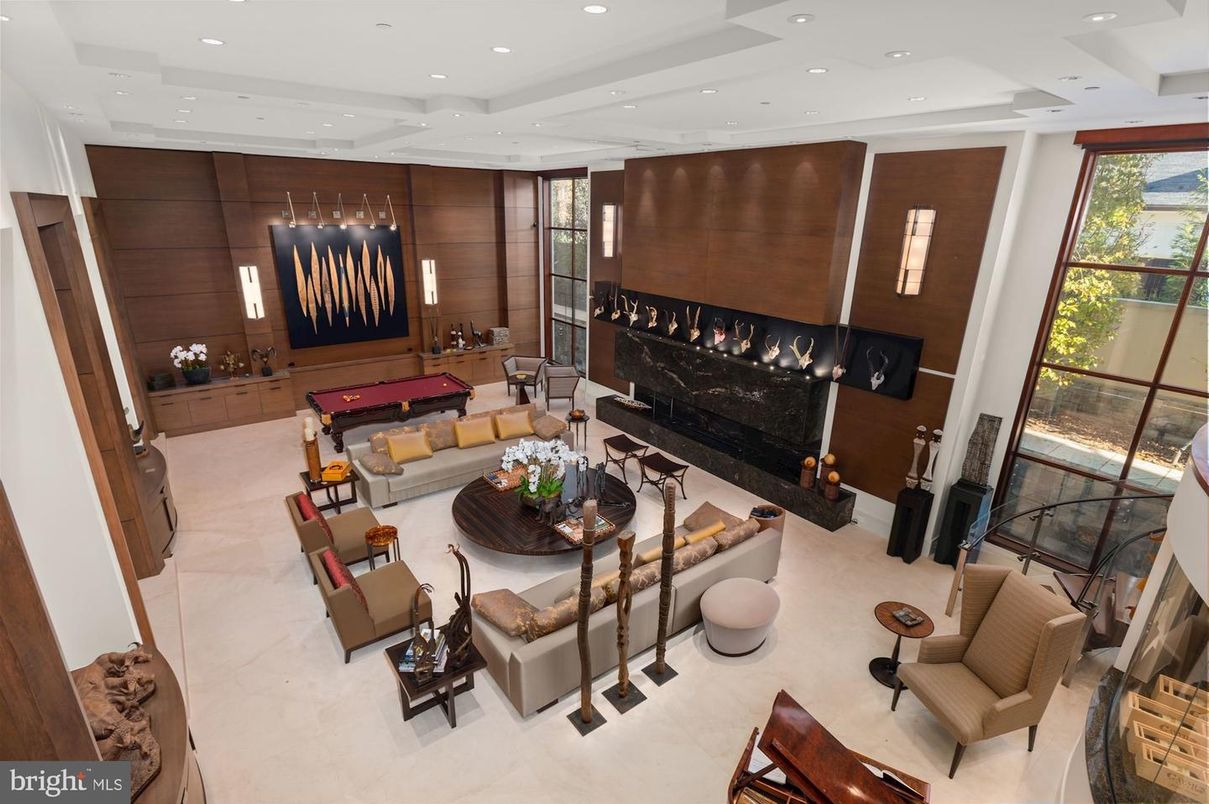 Billiard Table, Fireplace, Game Room, Interior, Living room, Pendant Lights, Recessed Lighting, Wooden Walls