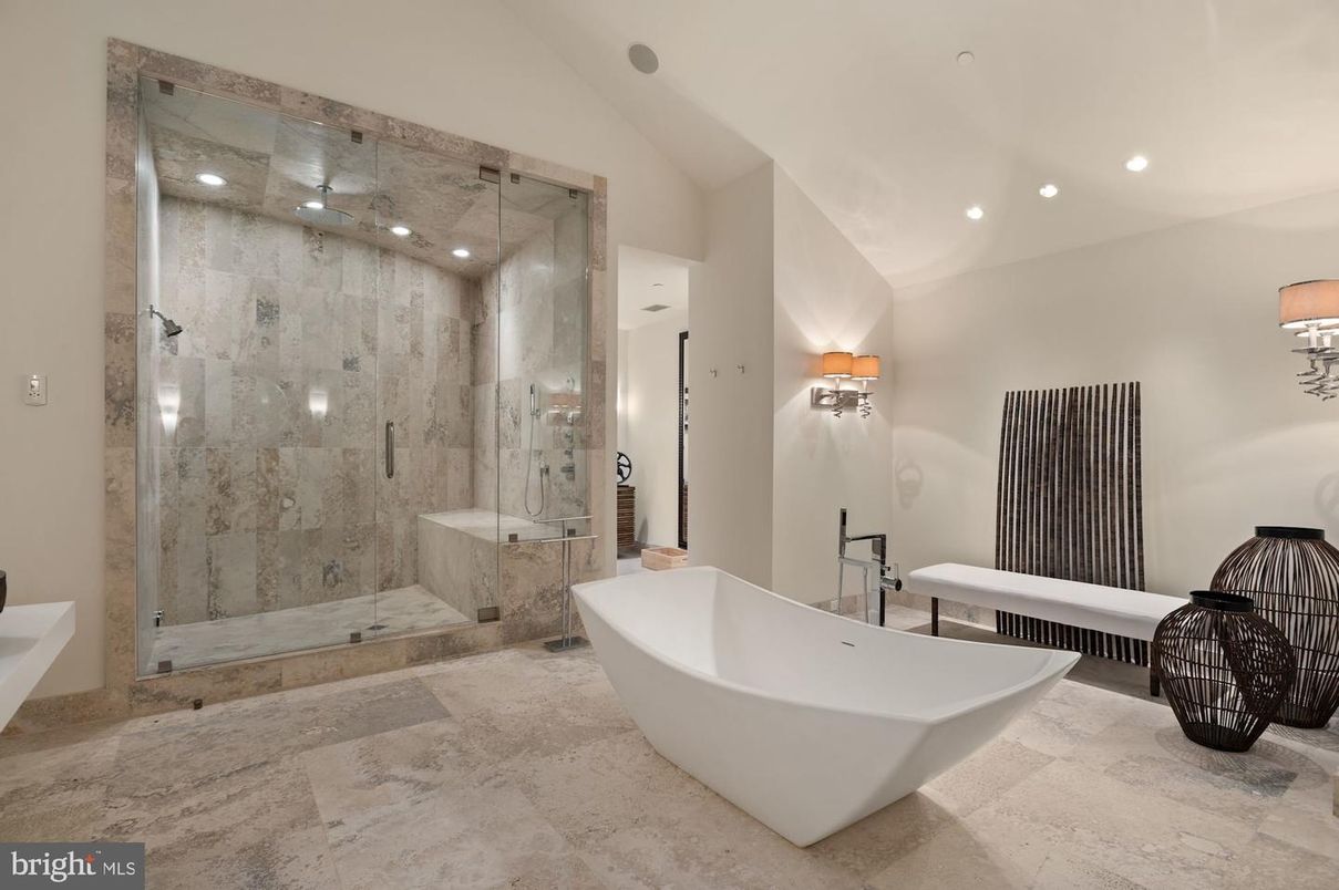 Bathroom, Free Standing Baths, Glass Shower, Interior, Recessed Lighting