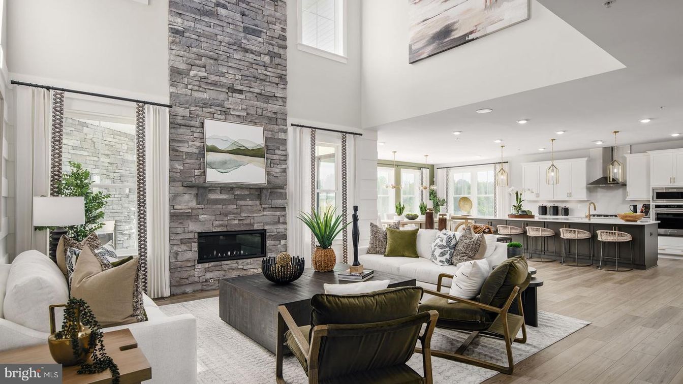 Dining room, Fireplace, Interior, Kitchen, Living room, Pendant Lights, Recessed Lighting, Stainless Steel Appliances, Stone Walls, Wood Texture Flooring