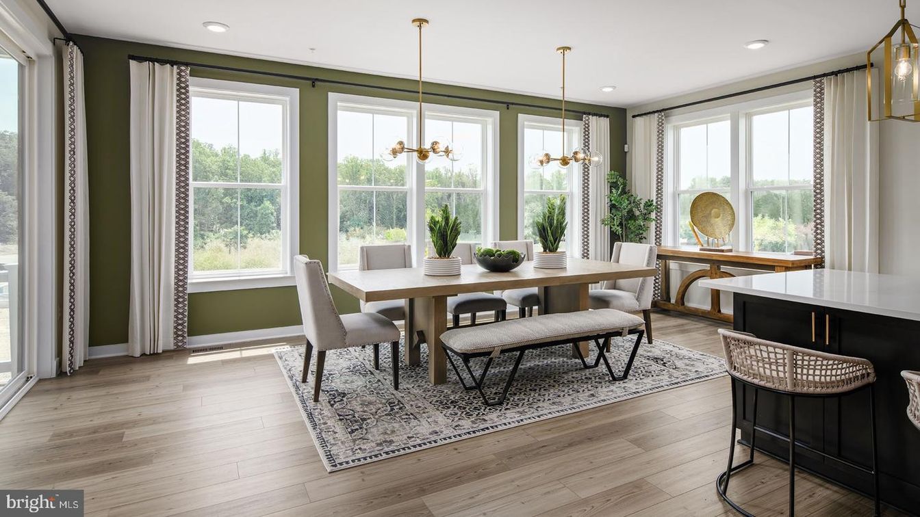 Dining room, Interior, Pendant Lights, Recessed Lighting, Wood Texture Flooring