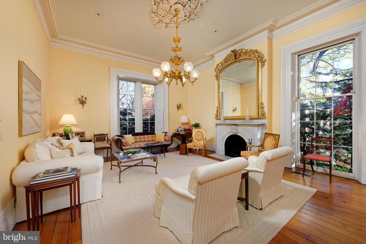 Chandelier, Fireplace, Interior, Living room, Recessed Lighting, Wood Texture Flooring