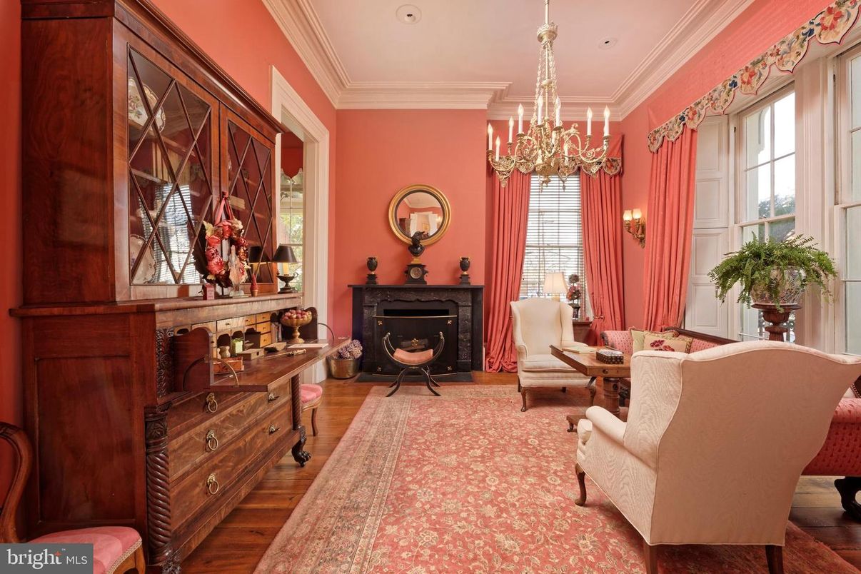 Chandelier, Fireplace, Interior, Living room, Recessed Lighting, Wood Texture Flooring