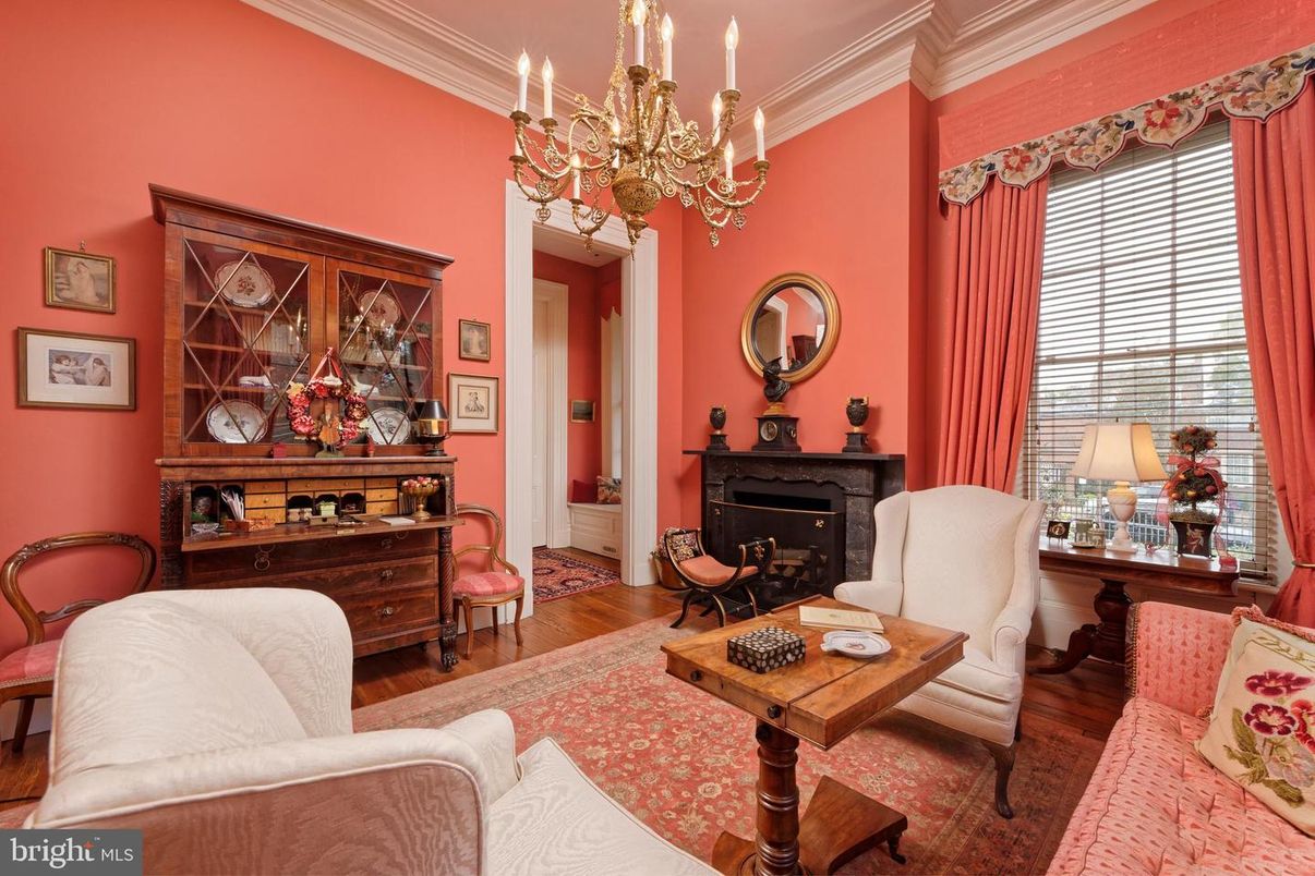 Chandelier, Fireplace, Home Office, Interior, Wood Texture Flooring