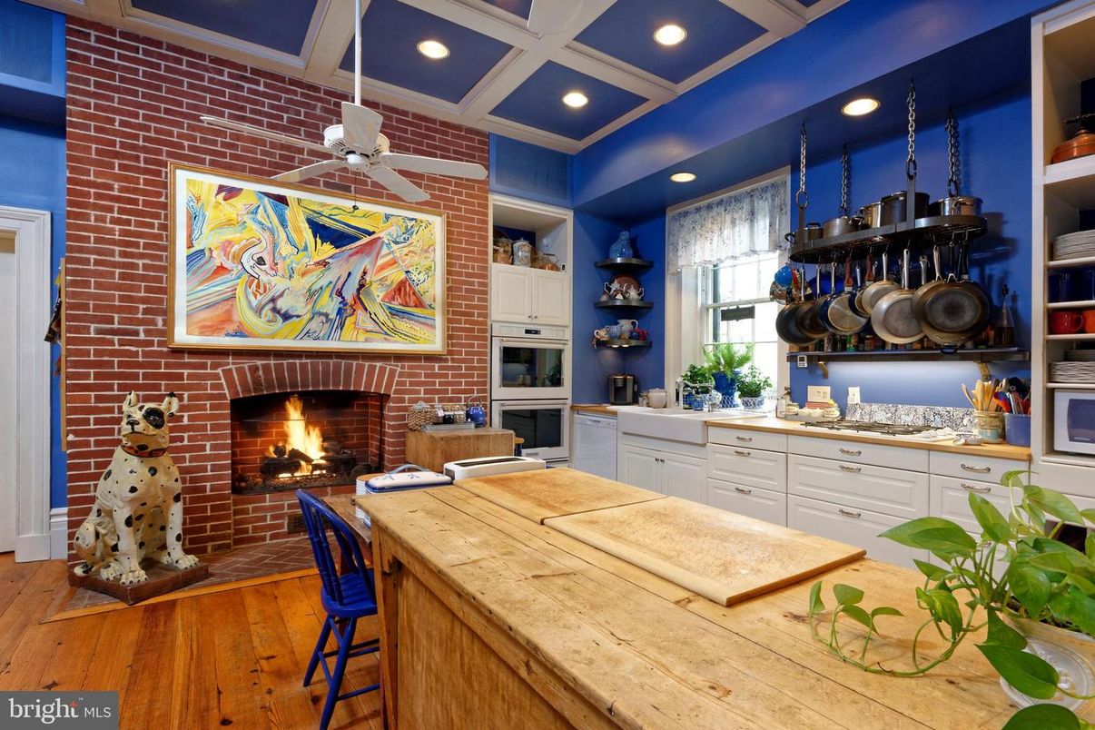 Fireplace, Interior, Kitchen, Recessed Lighting, Stone Walls, Wood Texture Flooring