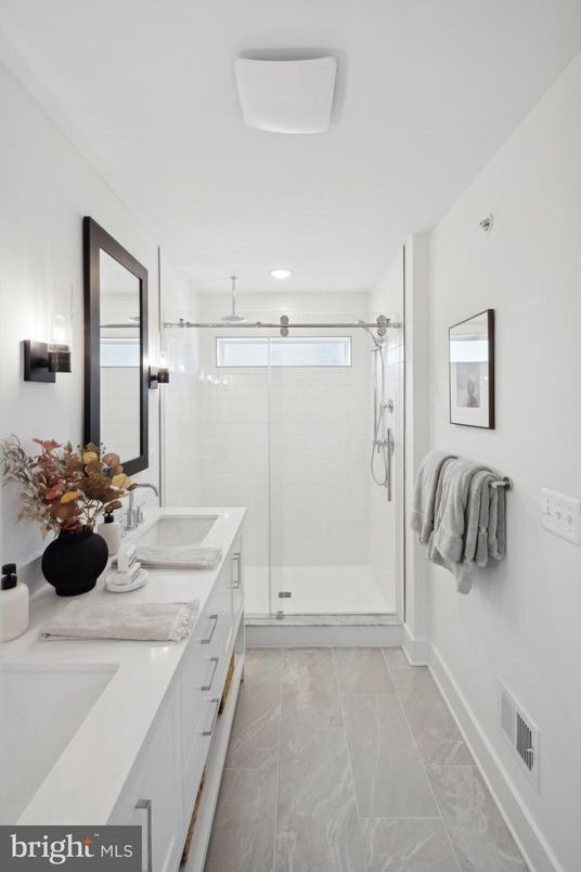 Bathroom, Dual Sink Vanities, Glass Shower, Interior, Recessed Lighting