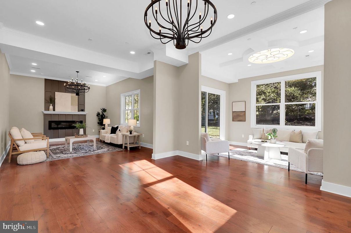 Chandelier, Fireplace, Interior, Living room, Pendant Lights, Recessed Lighting, Wood Texture Flooring