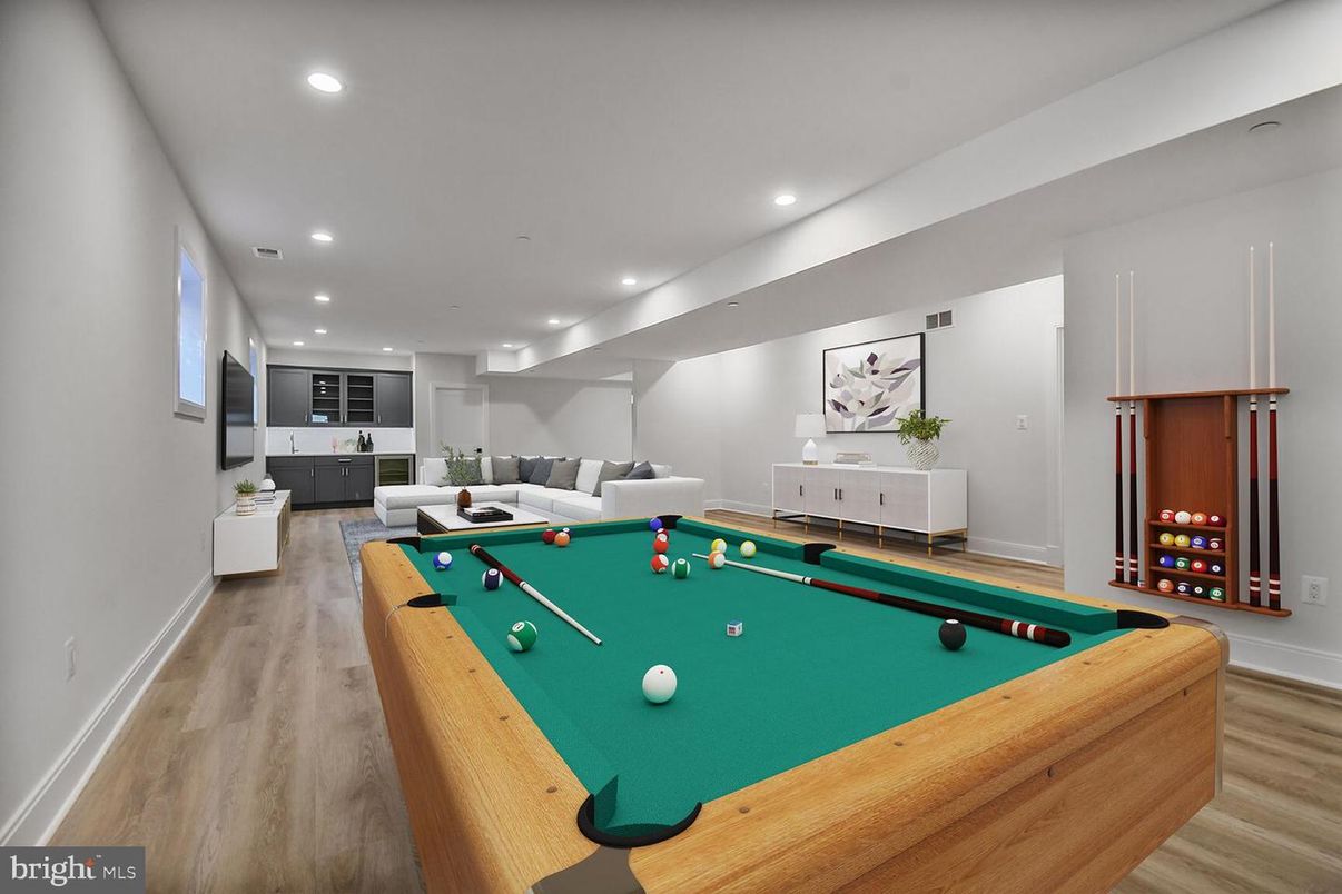 Billiard Table, Game Room, Interior, Recessed Lighting, Wood Texture Flooring
