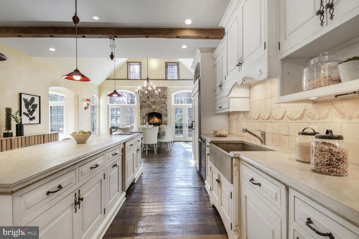 Chandelier, Dining room, Fireplace, Interior, Kitchen, Pendant Lights, Recessed Lighting, Wooden Beams, Wood Texture Flooring