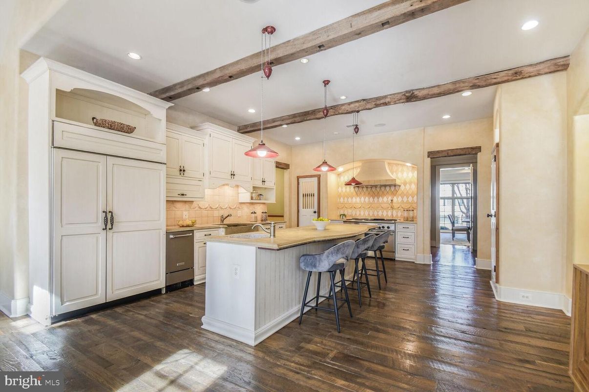 Interior, Kitchen, Pendant Lights, Recessed Lighting, Stainless Steel Appliances, Wooden Beams, Wood Texture Flooring