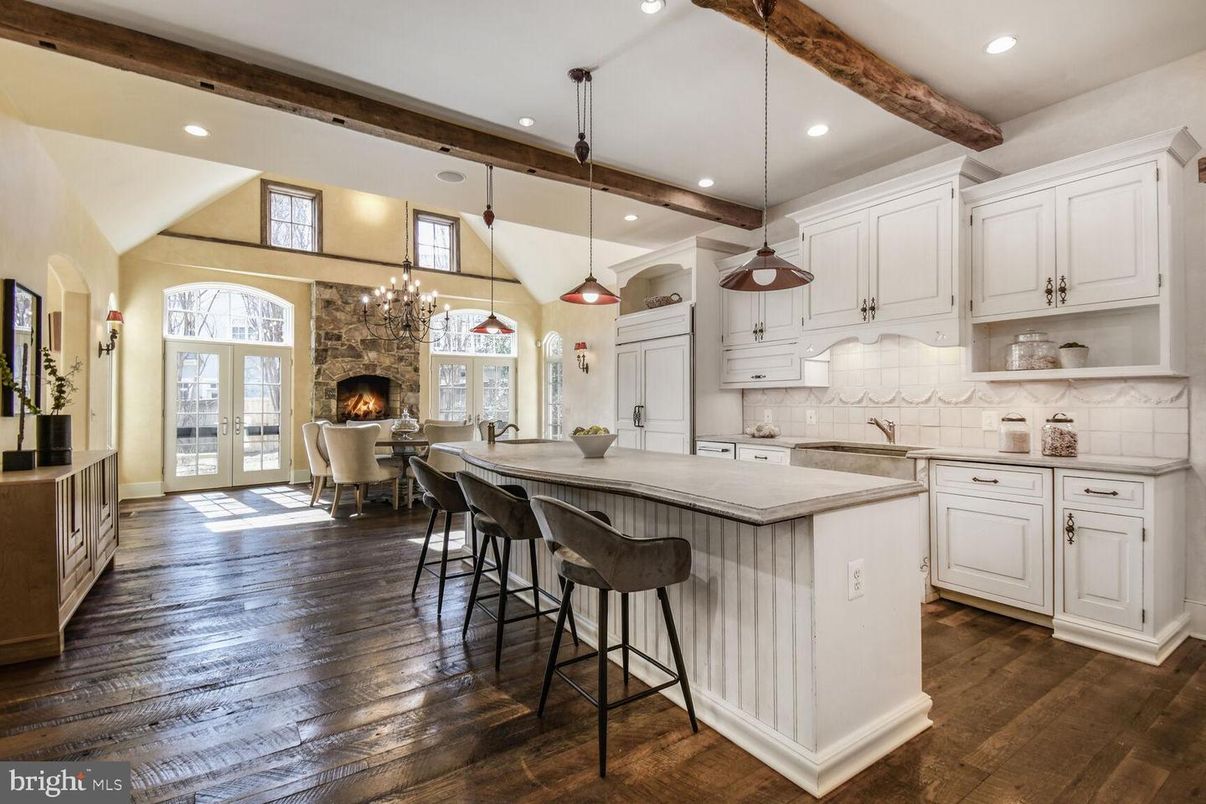 Dining room, Fireplace, Interior, Kitchen, Pendant Lights, Recessed Lighting, Wooden Beams, Wood Texture Flooring