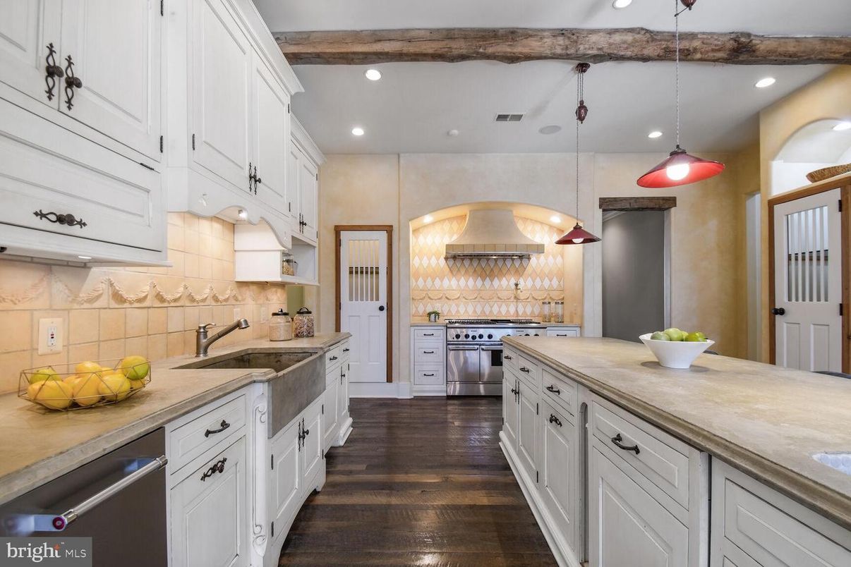 Interior, Kitchen, Pendant Lights, Recessed Lighting, Stainless Steel Appliances, Wooden Beams, Wood Texture Flooring