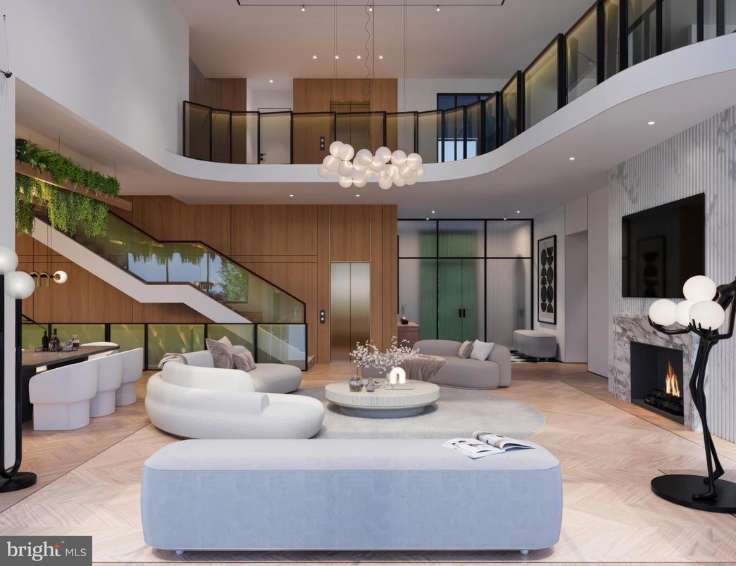 Fireplace, Interior, Living room, Pendant Lights, Recessed Lighting, Wood Texture Flooring, Wooden Walls