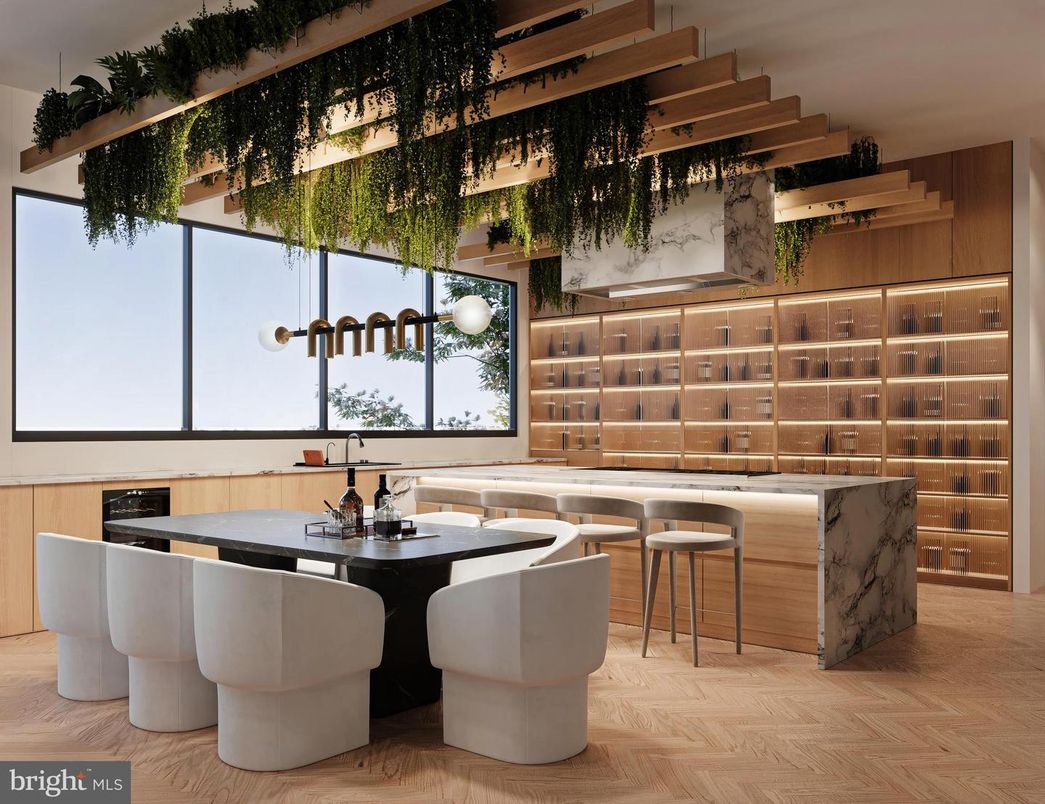 Dining room, Interior, Pendant Lights, Wooden Beams, Wood Texture Flooring